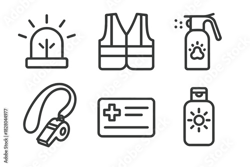 Health Safety Icons. Line style icons of health and safety: emergency beacon, reflective vest, bear spray icon, whistle on lanyard