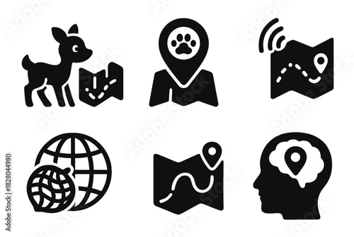 Magnetic Map Icons. Solid style icons of magnetic map imprinting: juvenile animal with trail map, location-memory badge, imprint
