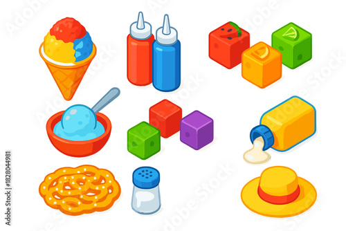 Colorful Dessert Icons. Isometric vector illustration set Ice cream and desserts – shaved ice cone, syrup bottles, fruit cubes;