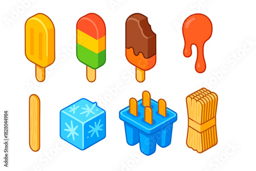 Vibrant Ice Cream Icons. Isometric vector illustration set Ice cream and desserts – popsicle stick, fruit popsicle, dipped