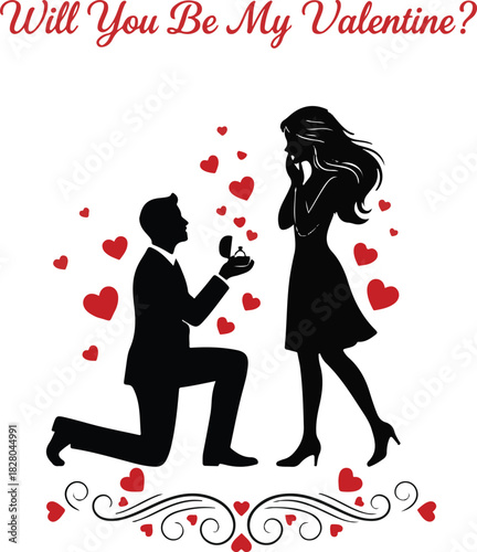  Romantic Valentine’s Day Silhouette Couple Proposal Design with Elegant Typography and Heart Symbol on a white background