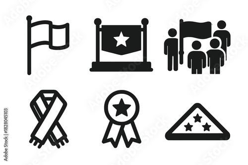 Vexillology Icon Collection. Line style icons of Vexillology: parade flag, military flag display, color guard icon, ceremonial