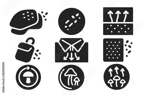Spore Release Wearables Icons. Solid style icons of spore release wearables: ventilated shoulder pad icon, dispersal button badge,