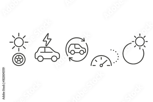 Solar Vehicle Icons. Line style icons of solar-powered vehicle symbols: sun + wheel combo icon, energy flash over car, sustainable