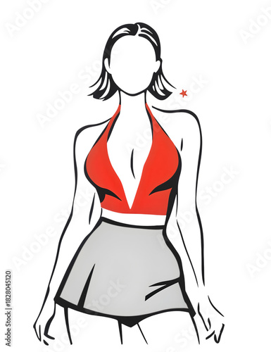 A stylized vector illustration of a faceless woman with a bob haircut wearing a deep V-neck red halter top and a gray pleated mini skirt. Simple line art with color fill