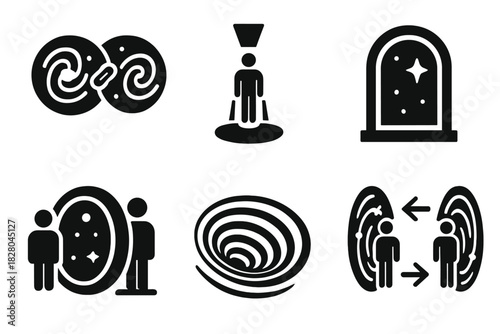 Dimensional Icon Set. Solid style icons of teleportation across dimensions: multi-universe link icon, reality jump beam,