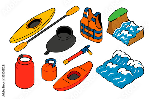 Outdoor Watersport Adventure. Isometric vector illustration set Outdoor sports – kayak, paddle, life jacket; spray skirt, dry bag,