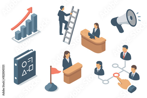 Isometric Business Elements. Isometric vector illustration set of Business: income growth graph, corporate ladder, business plan