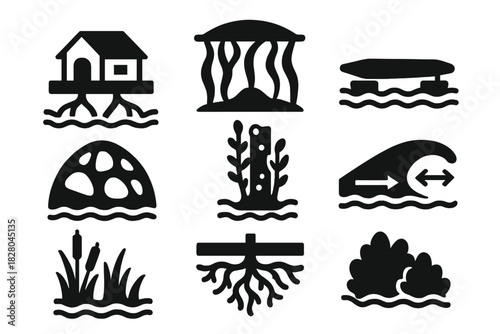 Aquatic Bio-Architecture Icons. Solid style icons of aquatic bio-architecture: floating mangrove house, kelp-structure canopy,