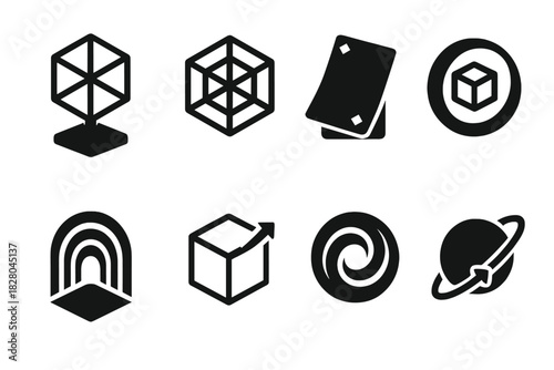 4D Geometry Icons. Solid style icons of dimension-based artwork: hypercube sculpture, tesseract-inspired form, foldable space