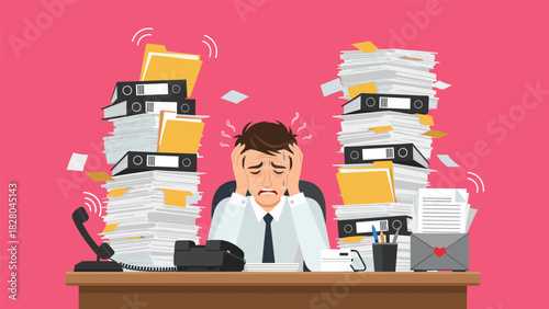 Overwhelmed businessman struggles with workload in chaotic office as deadlines loom and stress mounts in modern workspace environment