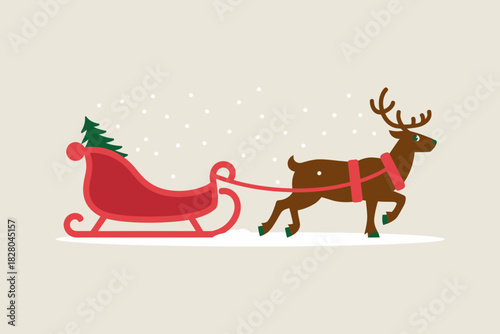 A reindeer pulls Santa's sleigh with a Christmas tree in the snow.