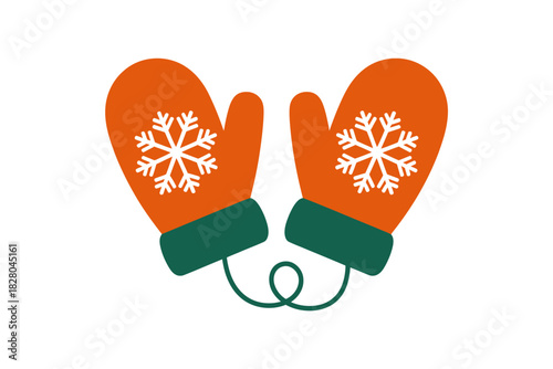 A pair of orange mittens with snowflakes are connected by a string.