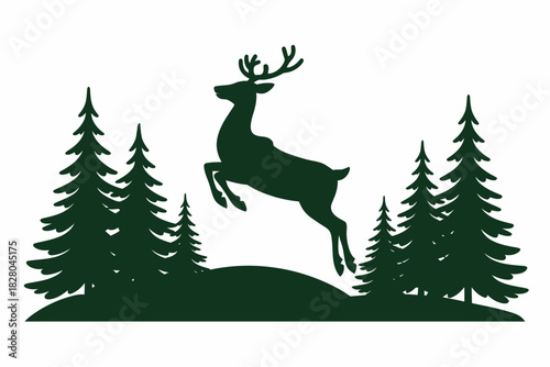 A jumping deer silhouette is surrounded by pine trees in a forest scene.