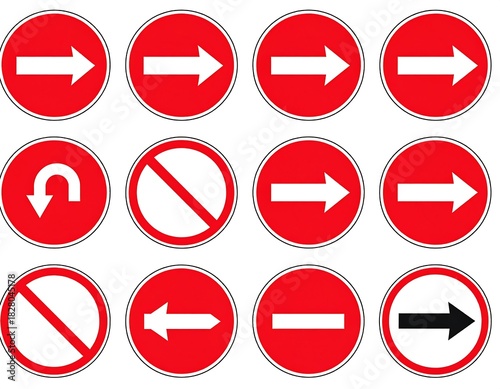 Free Download Collage of red and white circular signs indicating directions and restrictions on a white background - GFXLoad