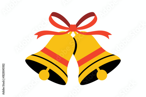 Two golden bells with a red ribbon tied in a bow