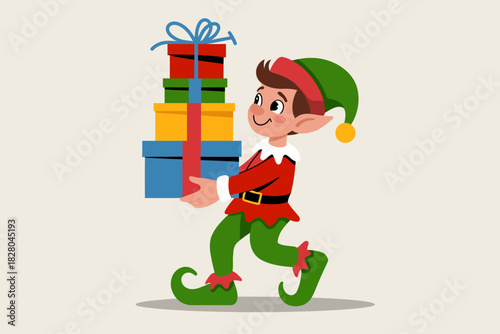 A cartoon elf carries a stack of wrapped Christmas gifts