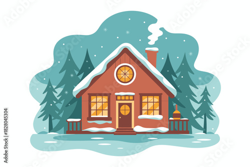 A cozy house stands in a snowy winter landscape with pine trees.