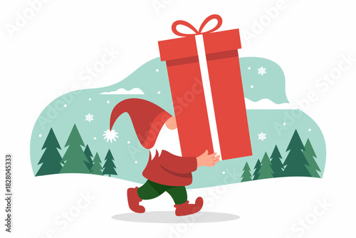 A gnome carries a large red gift box through a snowy forest.