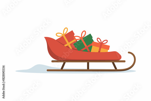 A red sleigh is filled with wrapped gifts on a white background.