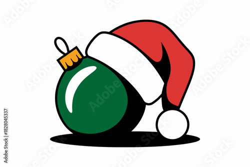 A green Christmas ornament wears a Santa hat on a white background.