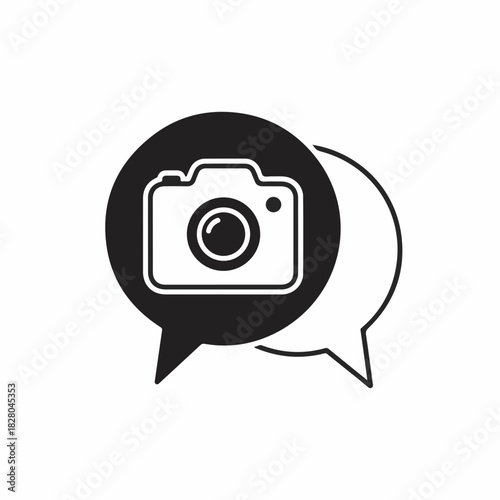 Communication technology icon featuring chat bubbles and camera symbol representing modern interaction. Communication technology visual combines digital conversation and photography,