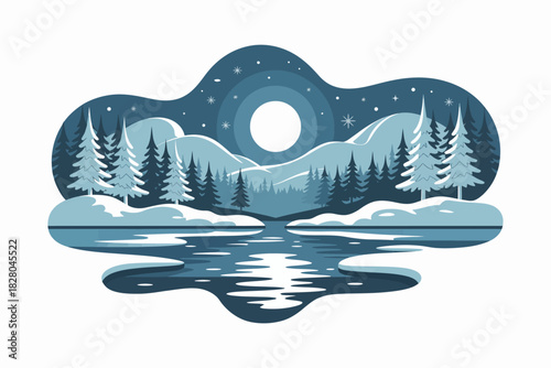A stylized winter landscape features a frozen lake and snow-covered trees under a starry sky.