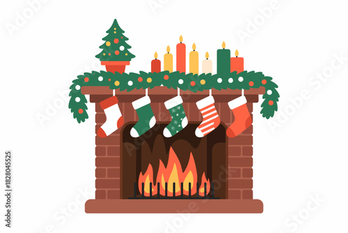 A festive fireplace decorated with stockings and candles for Christmas.