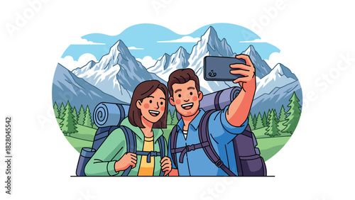 Adventurous couple taking a fun selfie during their mountain hiking trip with stunning mountain views while backpacking in summer
