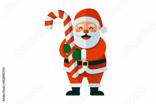Santa Claus character holding a candy cane with a smile on his face.