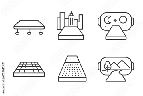 Virtual Catwalk Environments. Line style icons of virtual catwalk environments: floating digital runway, city skyline backdrop,