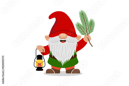 A cartoon gnome holds a lantern and a pine branch.