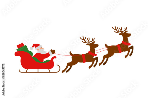 Santa Claus rides in his sleigh pulled by reindeer.