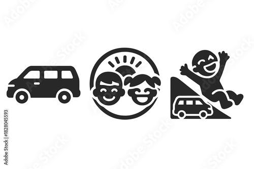 Family Fun Day. Solid style icons of family fun rides: minivan glyph, kids smiling icon, day trip badge. Family car ring, travel