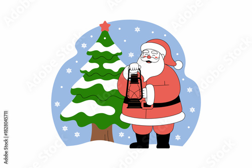 Santa Claus holding a lantern next to a snow-covered Christmas tree.