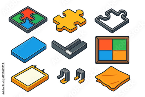 Colorful Stained Glass Puzzle. Isometric vector illustration set Puzzle pieces – stained glass puzzle, colored glass piece, lead