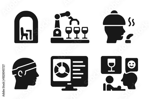Sensory Testing Icons. Solid style icons of sensory testing stations: tasting booth pod, robotic wine flight, aroma reaction dome.