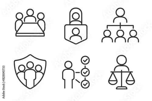 Ethics Committee Icons. Line style icons of ethics committee structure: committee table icon, chairperson badge, decision group