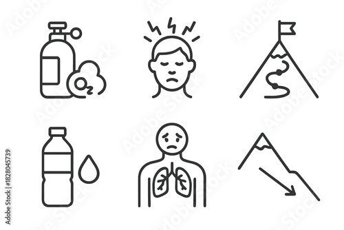 High Altitude Medicine Icons. Line style icons of high altitude medicine: oxygen tank icon, AMS symptom chart, slow ascent path,