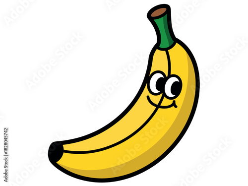 A cheerful cartoon banana with a smiling face and large eyes is depicted against a plain white background.