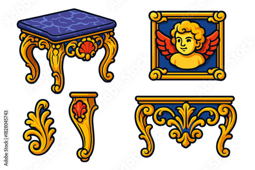 Baroque Antique Furniture Icons. Isometric vector illustration set Antique furniture – Baroque console, heavy scrollwork, gilded