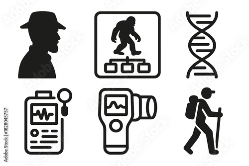 Cryptid Research Icons. Line style icons of Cryptid Research: Cryptozoologist silhouette, creature taxonomy chart, gene sequence,