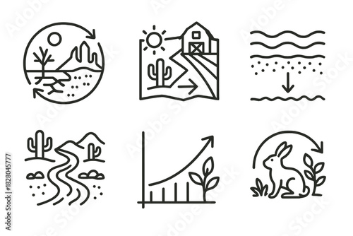 Desert Transformation Icons. Line style icons of desert habitat transformation: dry to green timeline, desert to farm map, sand to