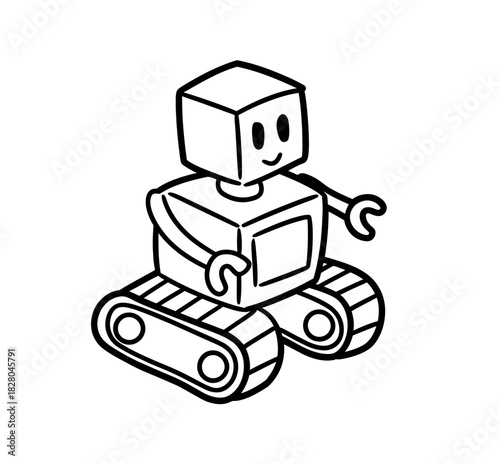 A charming, simplistic illustration of a cartoon robot with a square head and treaded base is depicted against a stark white background.