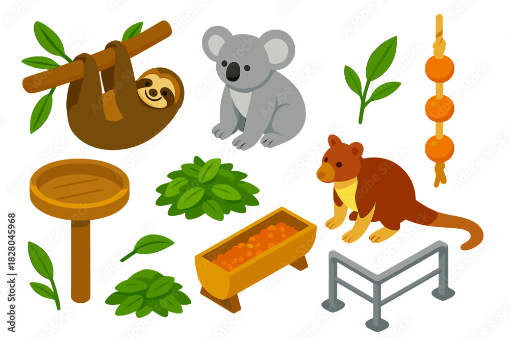 Fototapeta premium Zoo Animal Icons. Isometric vector illustration set Zoo animals – sloth, koala, tree kangaroo; eucalyptus branch, nesting platform