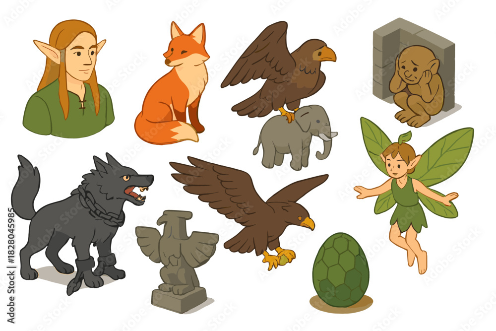 Fototapeta premium Mythical Creatures Isometric Set. Isometric vector illustration set of Mythical creatures: elf with long ears, kitsune fox spirit,