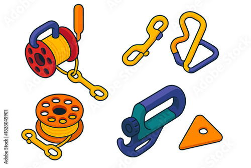 Diving Gear Icons. Isometric vector illustration set Underwater diving gear – SMB reel, finger spool, braided line; snap clip,