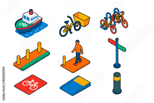 Public Transport Icons. Isometric vector illustration set Public transportation – ferry bike lane, cargo bike, bike rack;