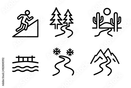 Ultra-Marathon Terrain Icons. Line style icons of ultra-marathon terrain: steep hill climb, forest trail route, desert landscape,