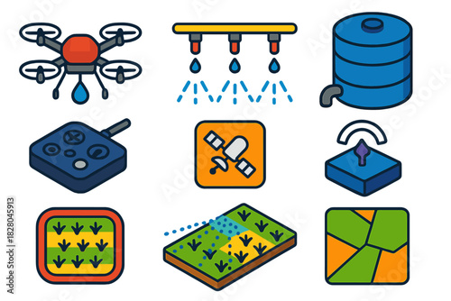 Smart Farming Tools. Isometric vector illustration set Smart farming – irrigation drone, nozzle array, water tank; flight
